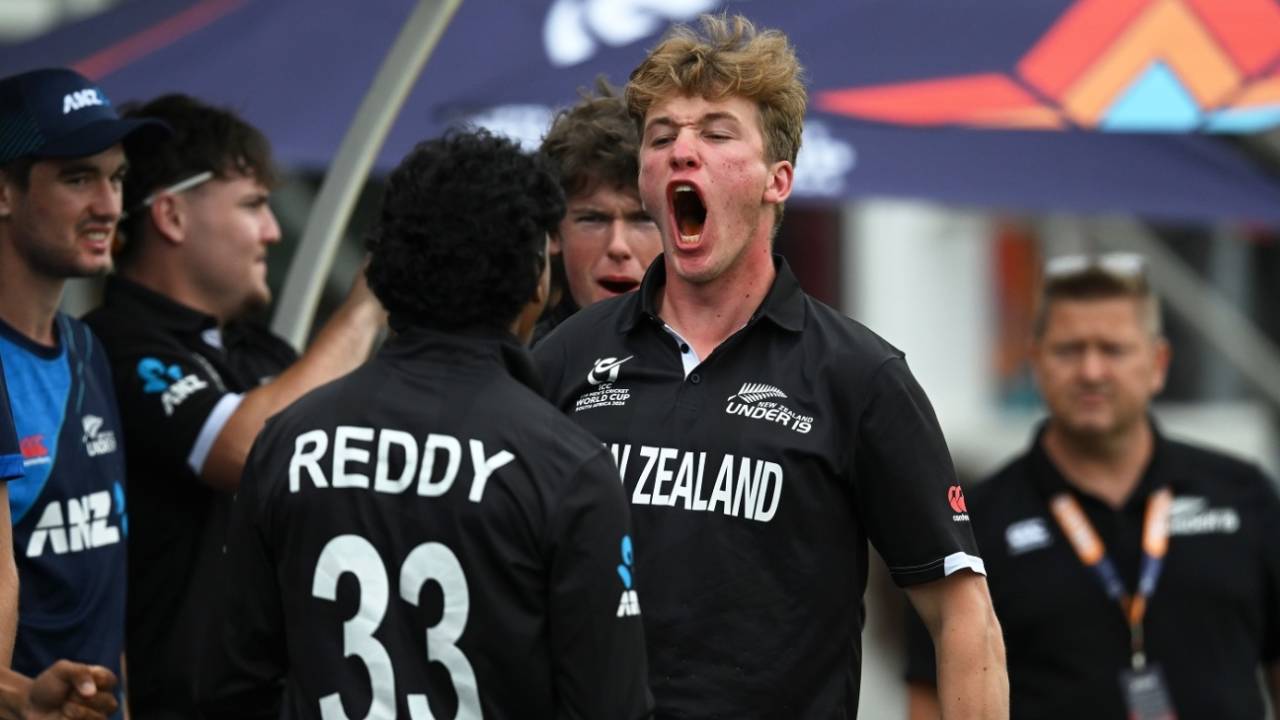 Oscar Jackson is pumped after New Zealand sealed a one-wicket win, New Zealand vs Afghanistan, Under-19 World Cup 2024, East London, January 23, 2024