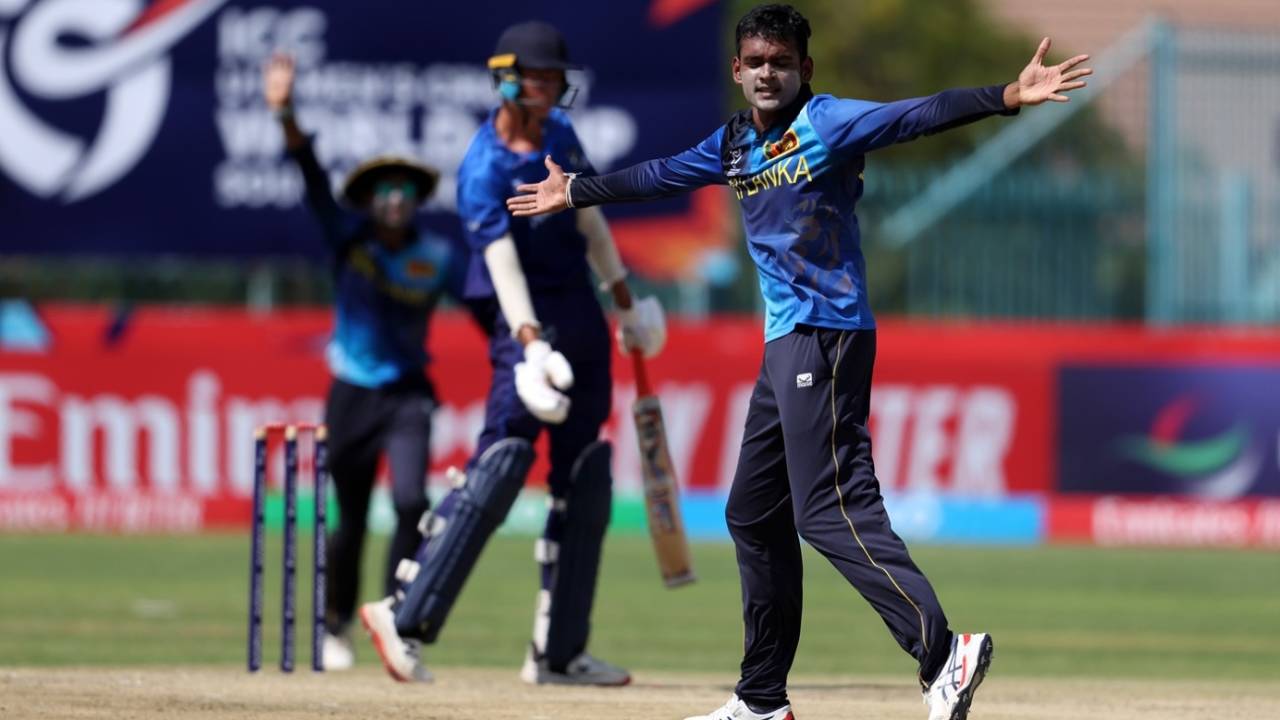 Ruvishan Perera appeals for a wicket, Namibia Under-19 vs Sri Lanka Under-19, Under-19 World Cup 2024, Kimberley, January 24, 2024