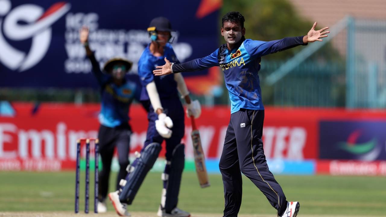 Ruvishan Perera appeals for a wicket, Namibia Under-19 vs Sri Lanka Under-19, Under-19 World Cup 2024, Kimberley, January 24, 2024