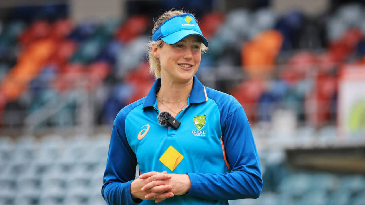 Ellyse Perry speaks at a media event, Canberra, January 25, 2024