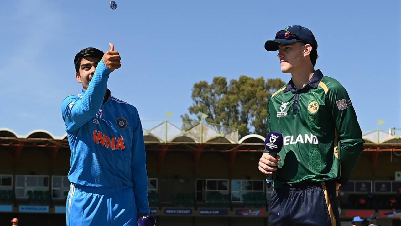 Uday Saharan spins the coin as Philippus le Roux calls, India vs Ireland, Under-19 Men's World Cup, Bloemfontein, January 25, 2024