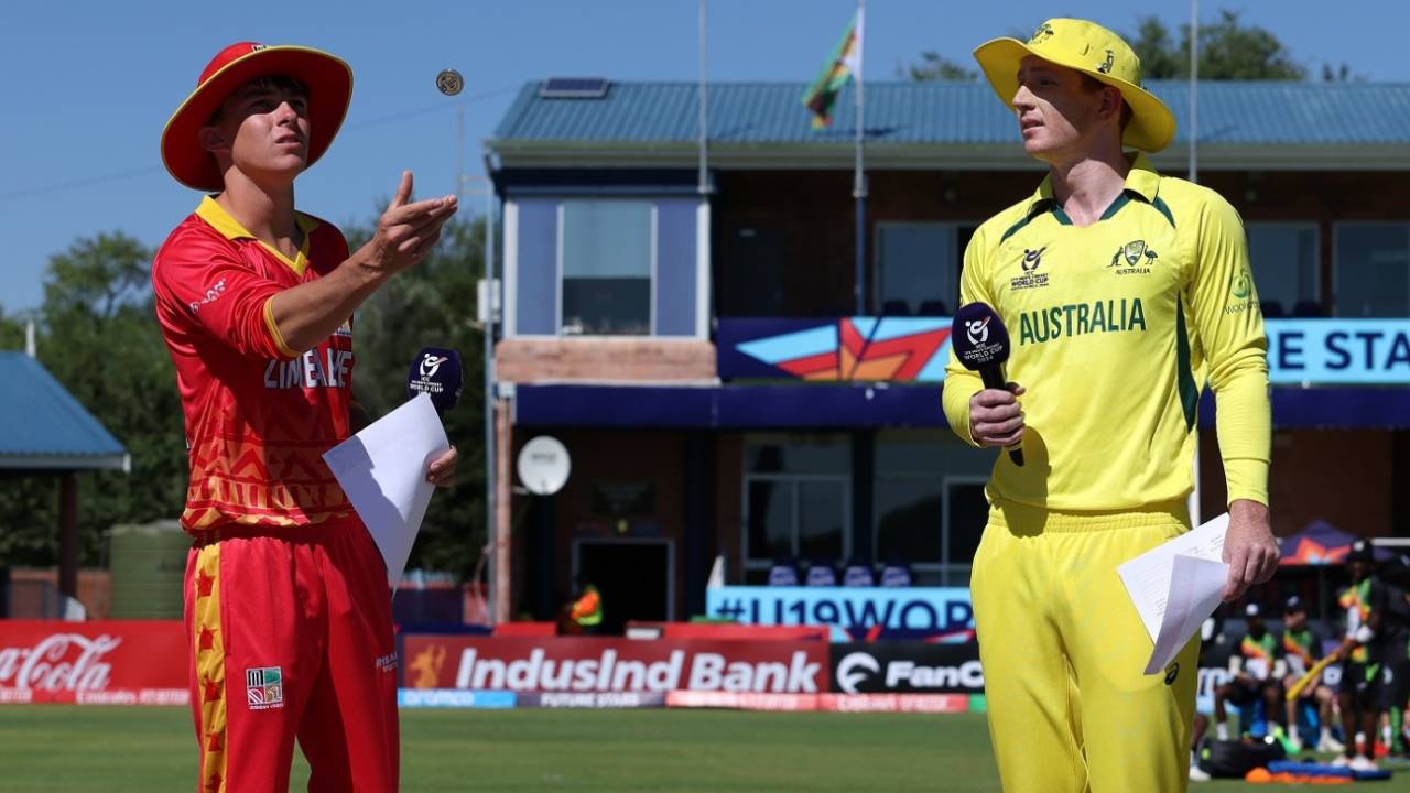 Hugh Weibgen calls as Matthew Schonken tosses the coin, Zimbabwe vs Australia, Under-19 Men's World Cup, Kimberley, January 25, 2024