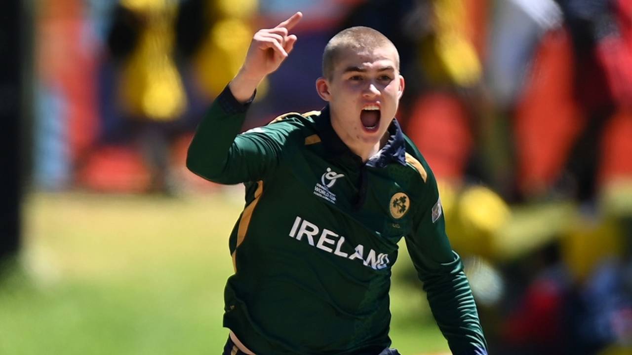 John McNally celebrates dismissing Adarsh Singh, India vs Ireland, Under-19 Men's World Cup, Bloemfontein, January 25, 2024