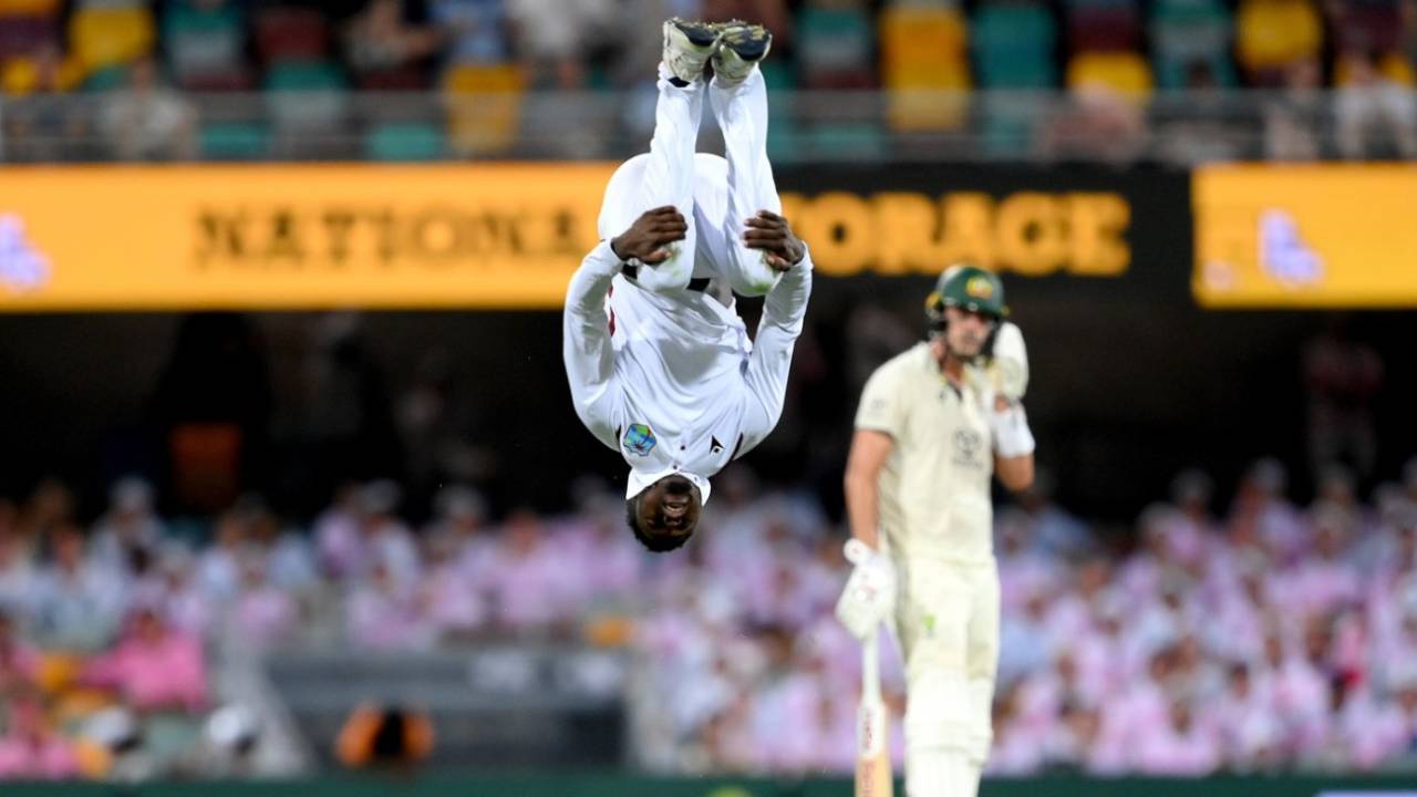 Kevin Sinclair celebrates his first Test wicket with a somersault, Australia vs West Indies, 2nd Test, Brisbane, 2nd day, January 26, 2024