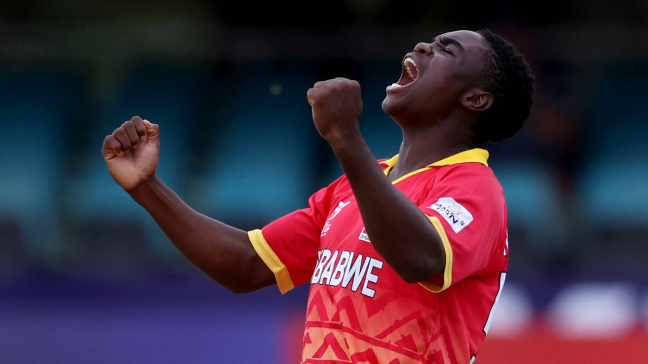 Newman Nyamhuri broke a burgeoning stand for the second wicket, Namibia vs Zimbabwe, Men's Under-19 World Cup, Kimberley, January 27, 2024