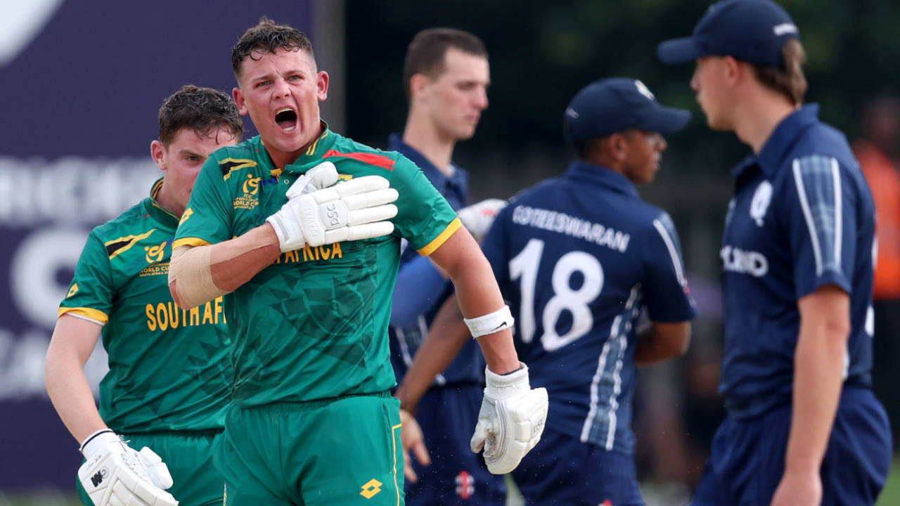 Dewan Marais, who scored an unbeaten 50-ball 80, is pumped after the win, South Africa vs Scotland, Men's Under-19 World Cup, Potchefstroom, January 27, 2024