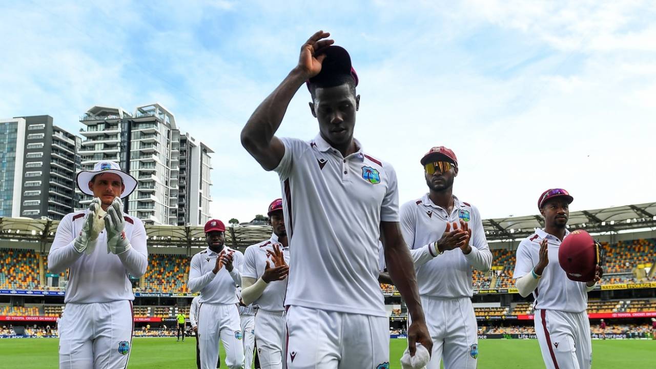 Shamar Joseph leads his team off the field at the dinner break, Australia vs West Indies, 2nd Test, Brisbane, 4th day, January 28, 2024