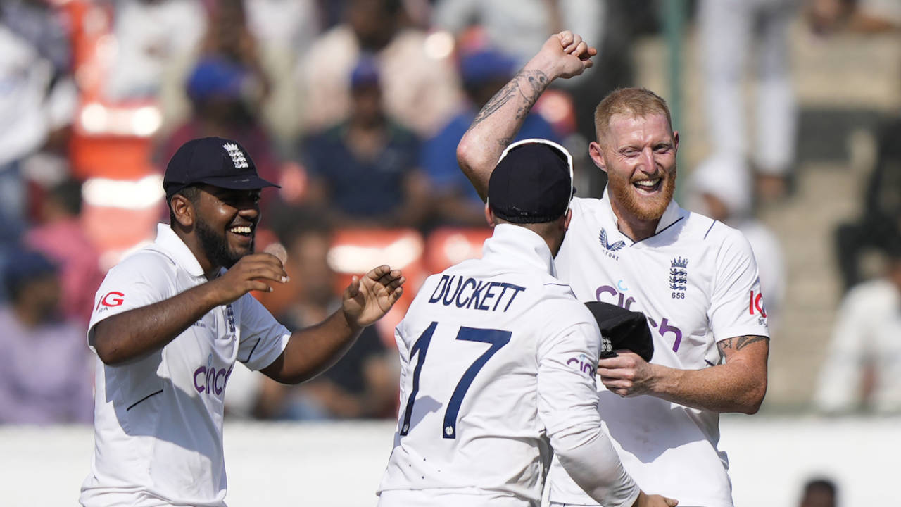 Ben Stokes is mobbed after his spectacular direct hit, India vs England, 1st Test, Hyderabad, 4th day, January 28, 2024