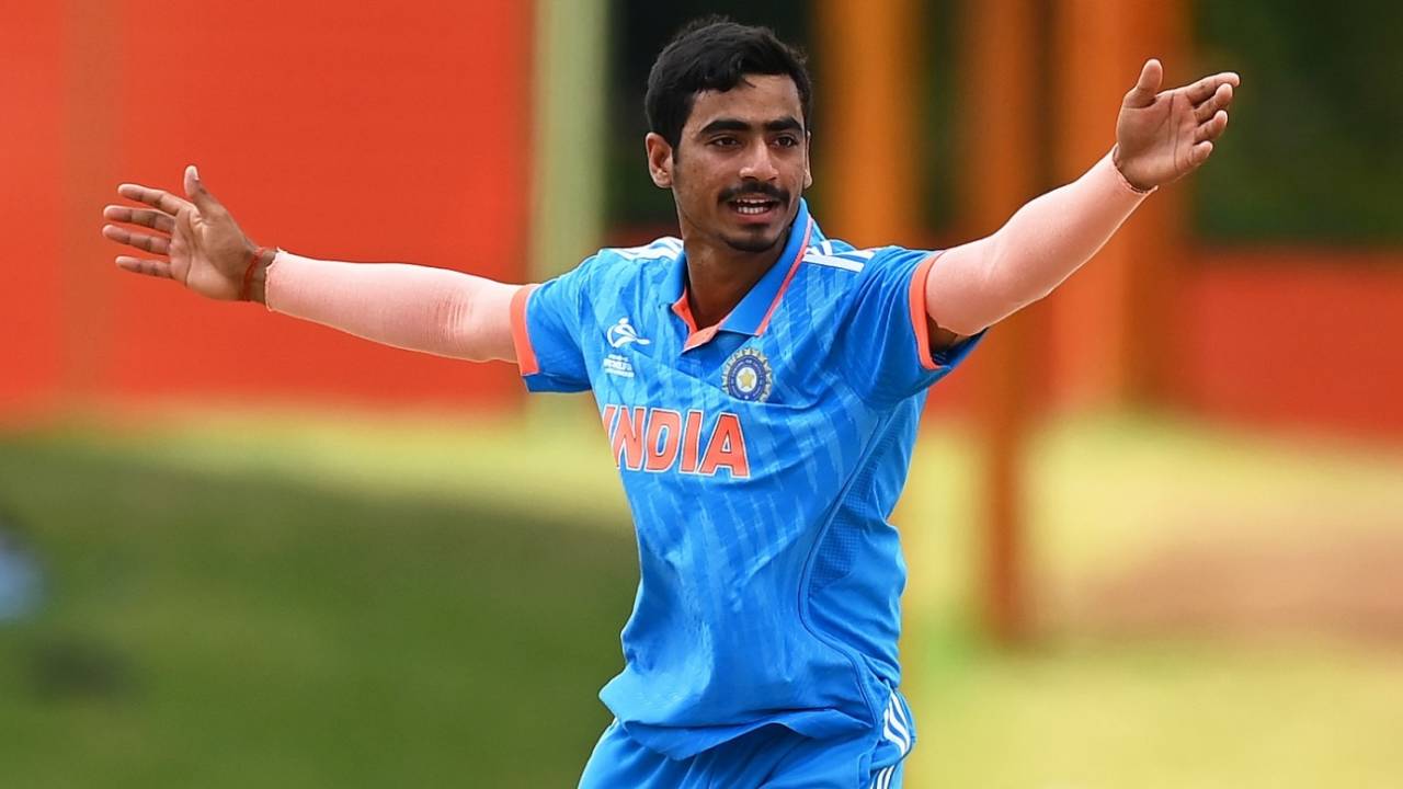 Naman Tiwari has rattled opposition batters at the 2024 Under 19 World Cup with his pace&nbsp;&nbsp;&bull;&nbsp;&nbsp;ICC via Getty Images