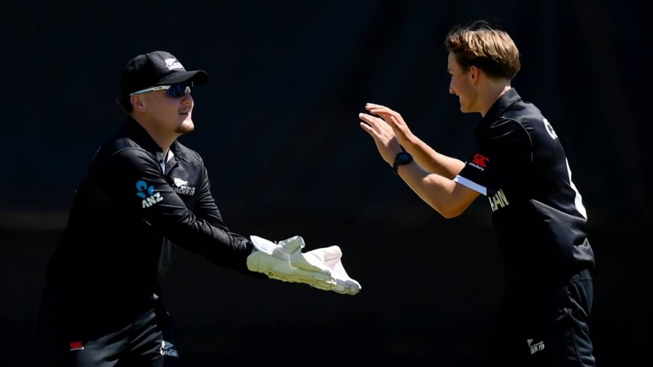 Mason Clarke celebrates after sending back Arshin Kulkarni early, India vs New Zealand, U-19 World Cup, Bloemfontein, January 30, 2024