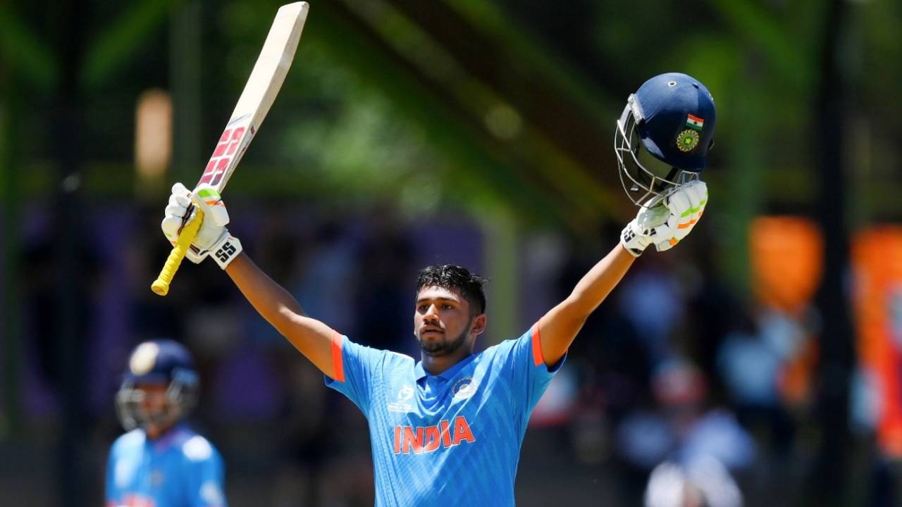 Musheer Khan brings up his second century of the tournament, India vs New Zealand, Bloemfontein, Super Sixes, Under-19 Men's World Cup, January 30, 2024
