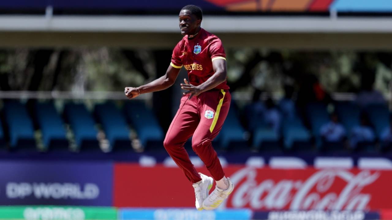 Raneico Smith celebrates the wicket of Pulindu Perera, Sri Lanka vs West Indies, Kimberley, Super Sixes, Under-19 Men's World Cup, January 30, 2024