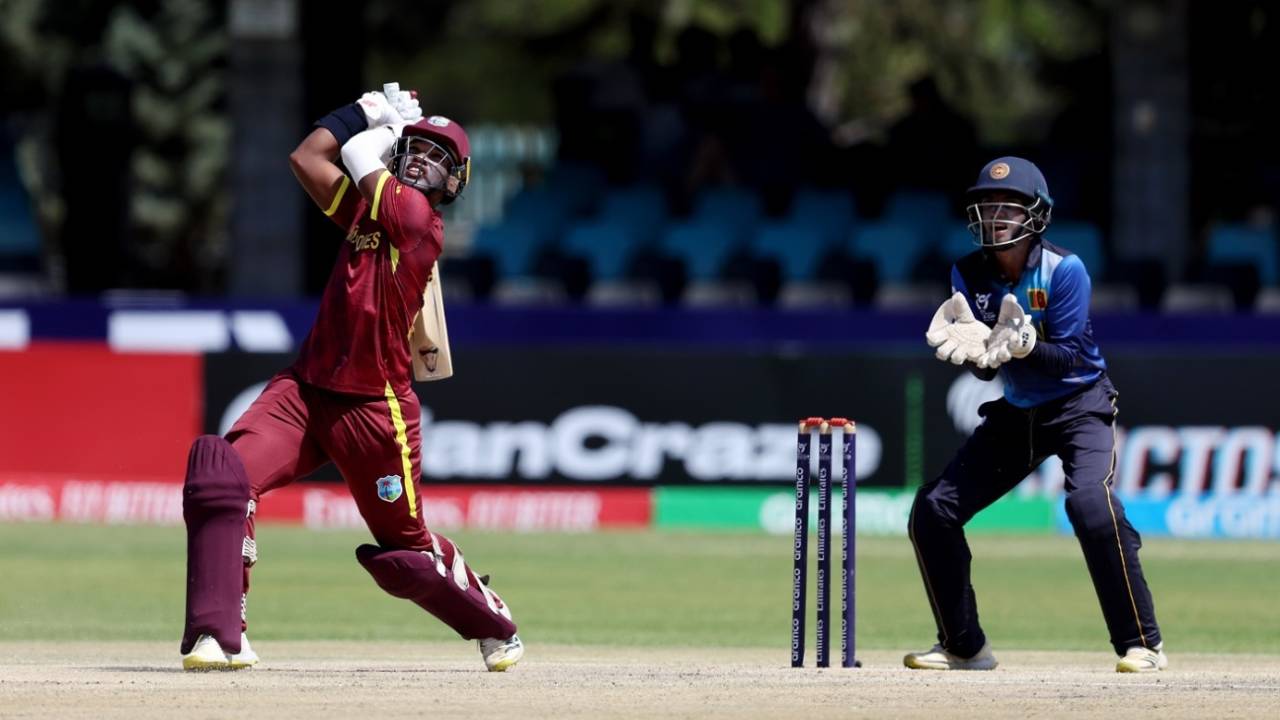 Steve Wedderburn goes aerial as wicketkeeper Sharujan Shanmuganathan looks on, Sri Lanka vs West Indies, Kimberley, Super Sixes, Under-19 Men's World Cup, January 30, 2024