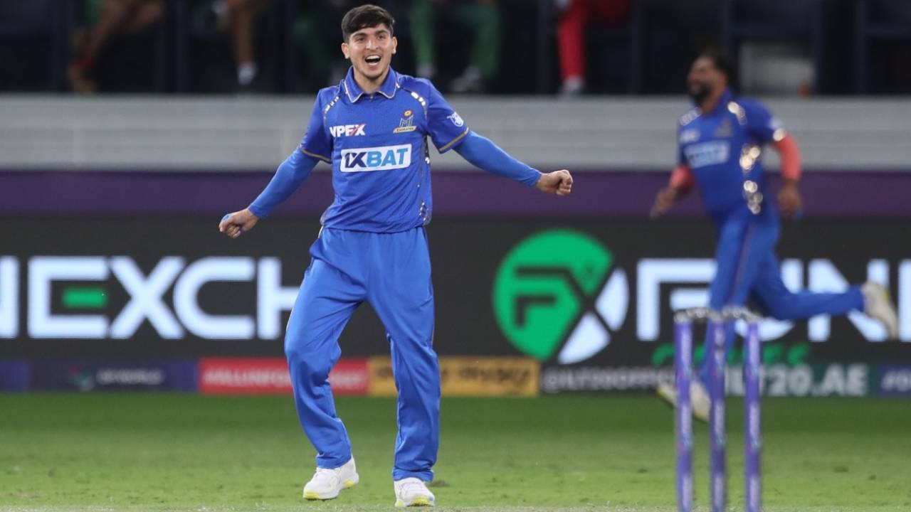 Muhammad Rohid celebrates a wicket, MI Emirates vs Desert Vipers, ILT20 2024, Dubai, January 30, 2024