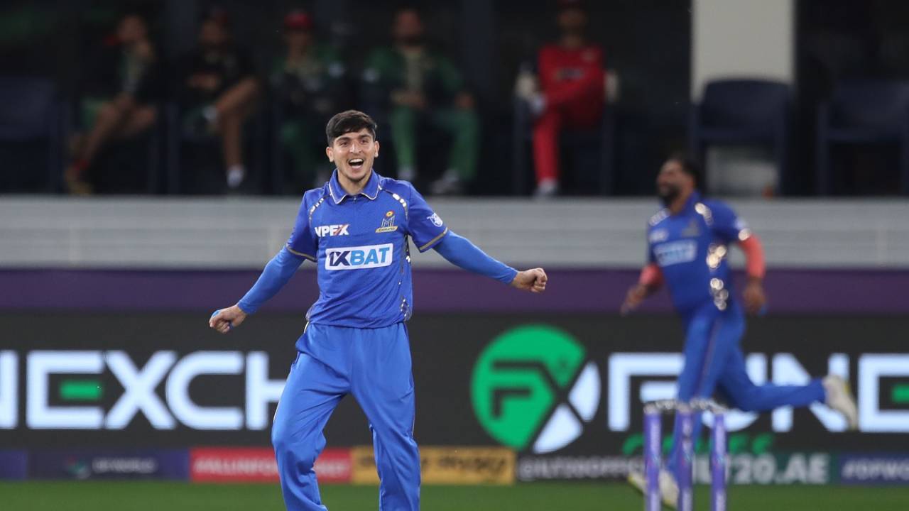 Muhammad Rohid celebrates a wicket, MI Emirates vs Desert Vipers, ILT20 2024, Dubai, January 30, 2024