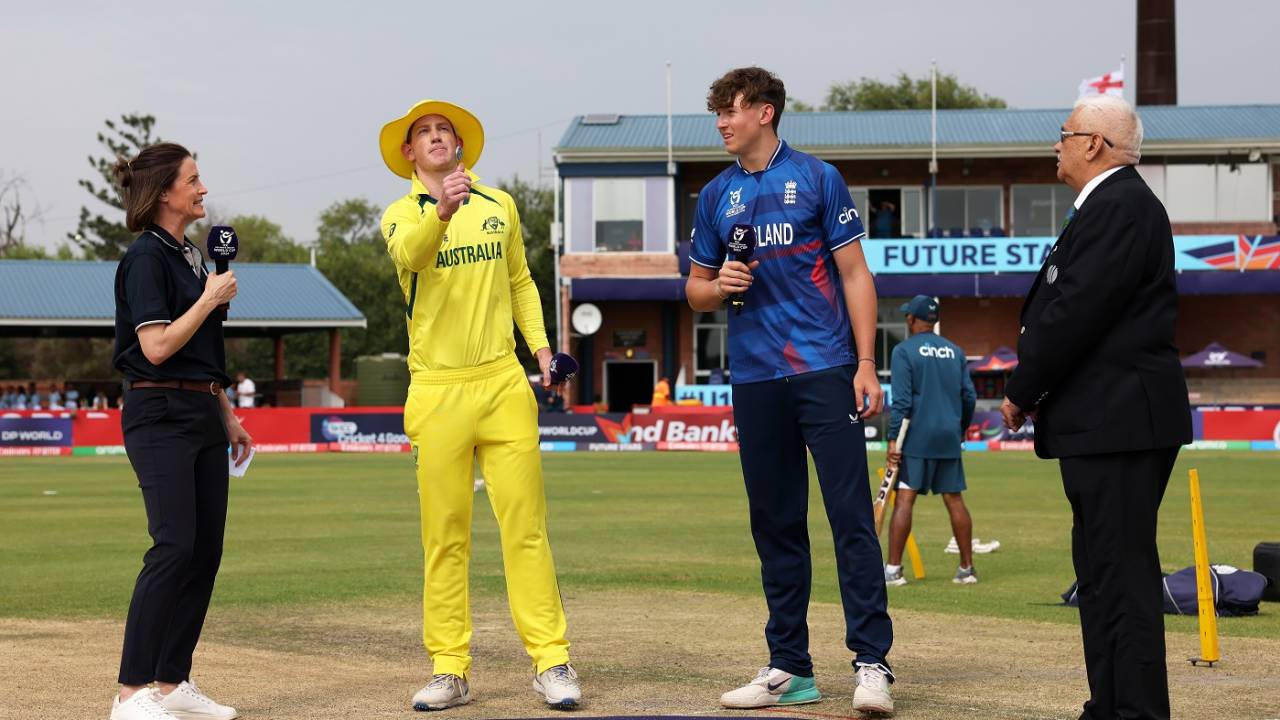 Ben McKinney and Hugh Weibgen at the toss, Australia U-19 vs England U-19, ICC Men's U-19 World Cup, Kimberley, January 31, 2024