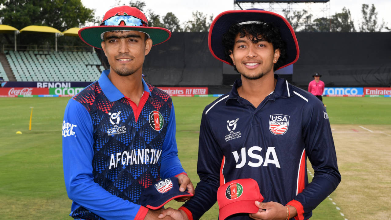 Naseer Khan Maroofkhil and Rishi Ramesh, the two captains, pose at the toss, Afghanistan vs USA, Under-19 World Cup Super Six, Benoni, January 31, 2024