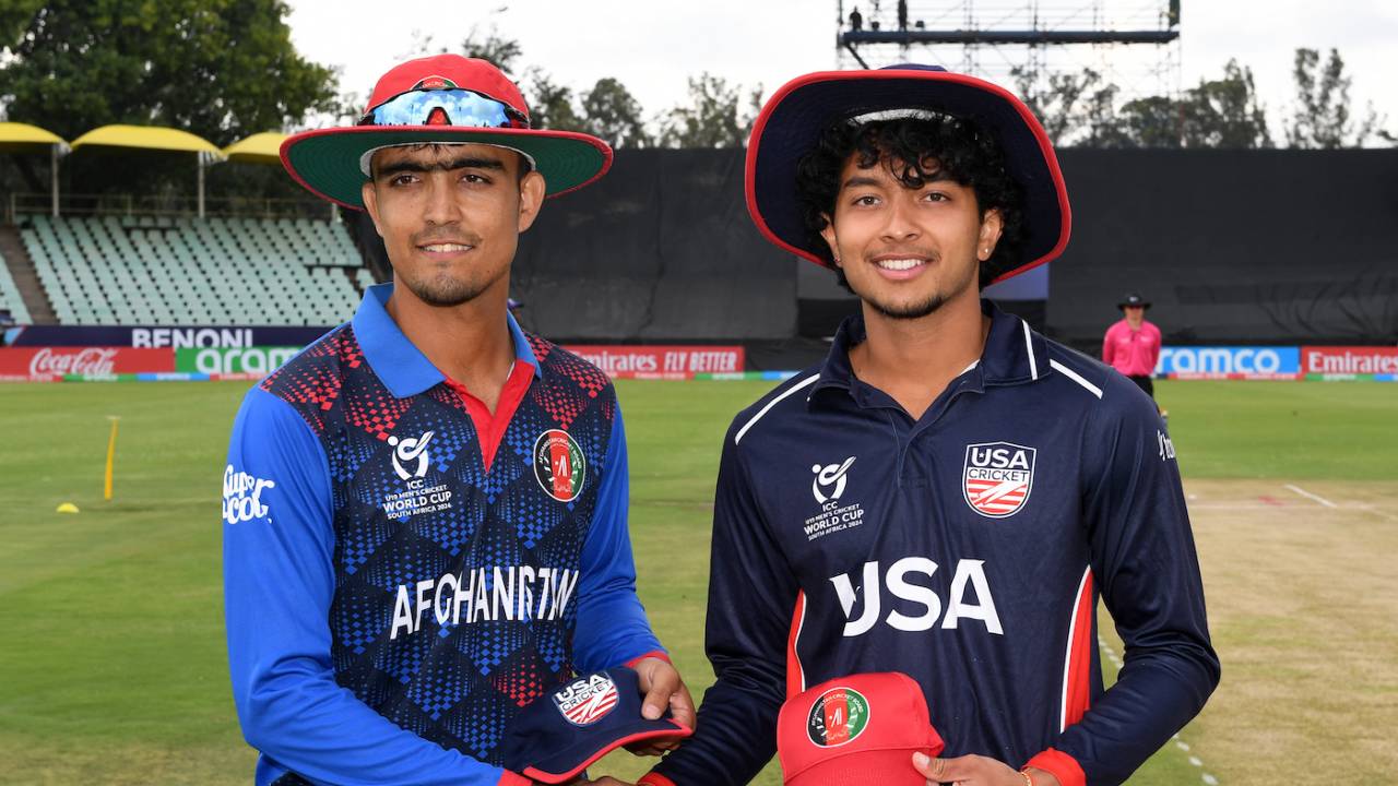 Naseer Khan Maroofkhil and Rishi Ramesh, the two captains, pose at the toss, Afghanistan vs USA, Under-19 World Cup Super Six, Benoni, January 31, 2024