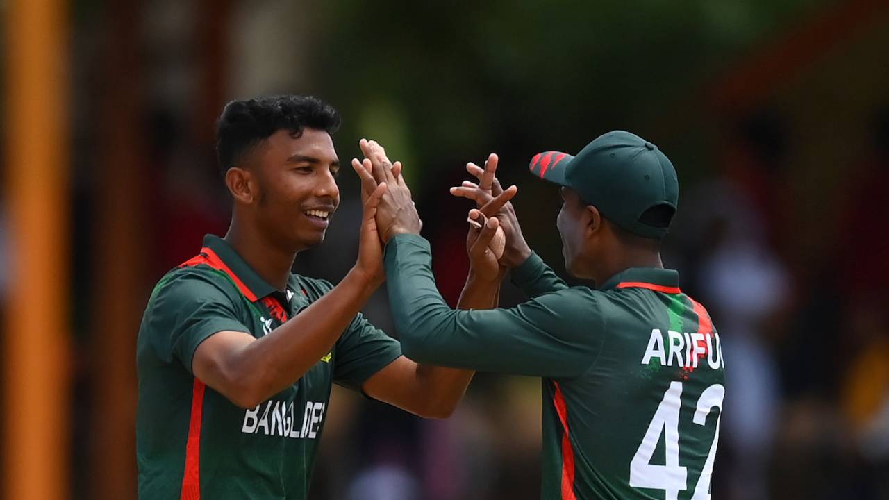 Iqbal Hossain Emon (L) and Ariful Islam celebrate, Bangladesh vs Nepal, Under-19 World Cup Super Six, Bloemfontein, January 31, 2024