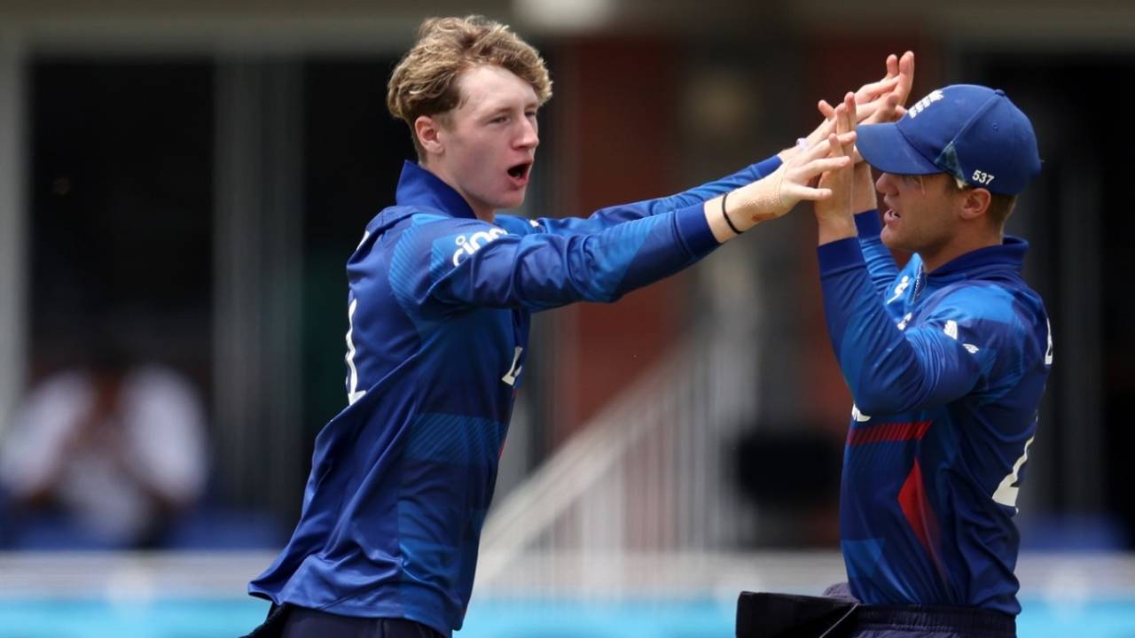 Theo Wiley and Luc Benkenstein celebrate after the former took two quick wickets, Australia U-19 vs England U-19, ICC Men's U-19 World Cup, Kimberley, January 31, 2024