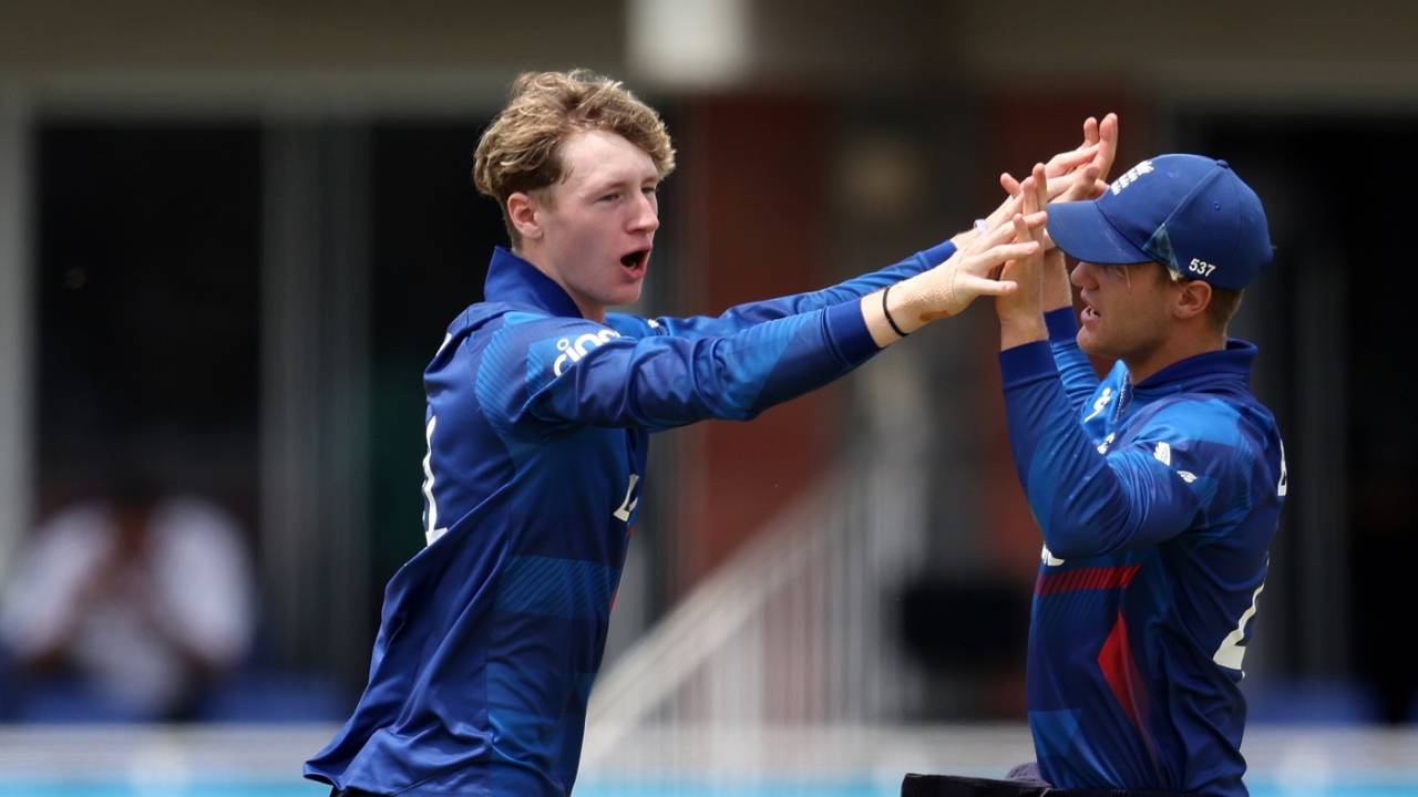 Theo Wiley and Luc Benkenstein celebrate after the former took two quick wickets, Australia U-19 vs England U-19, ICC Men's U-19 World Cup, Kimberley, January 31, 2024