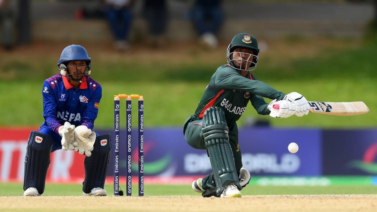Ariful Islam plays a reverse sweep on his way to an unbeaten 59 off 38 balls, Bangladesh vs Nepal, Bloemfontein, Super Sixes, Under-19 Men's World Cup, January 31, 2024