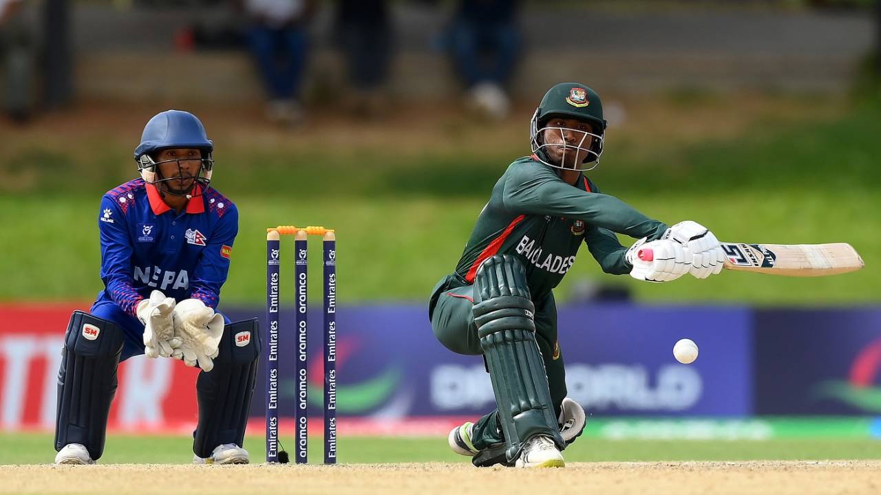 Ariful Islam plays a reverse sweep on his way to an unbeaten 59 off 38 balls, Bangladesh vs Nepal, Bloemfontein, Super Sixes, Under-19 Men's World Cup, January 31, 2024