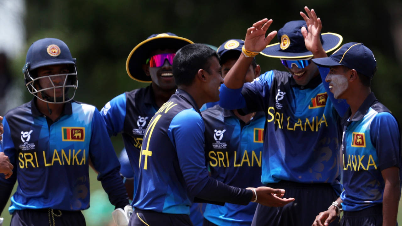Supun Waduge celebrates a wicket with his team-mates, South Africa vs Sri Lanka, Under-19 World Cup Super Six, Potchefstroom, February 2, 2024