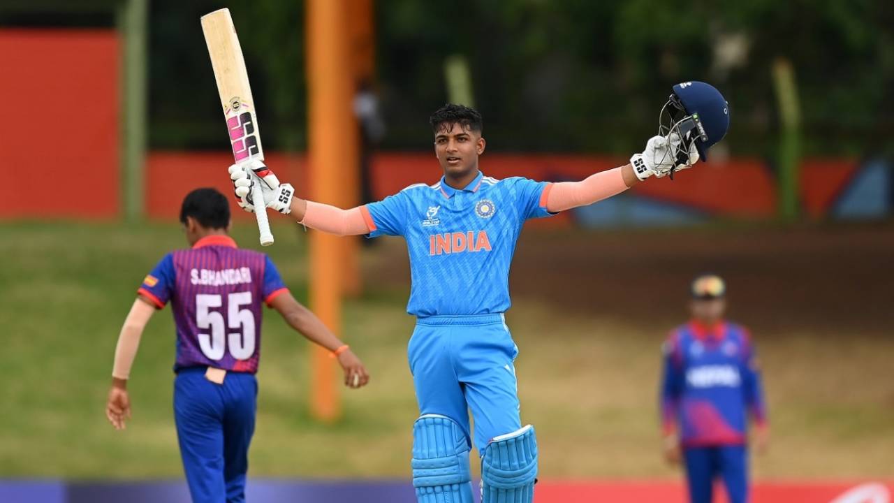 Sachin Dhas celebrates his century, India vs Nepal, Bloemfontein, Under-19 Men's World Cup, February 2, 2024