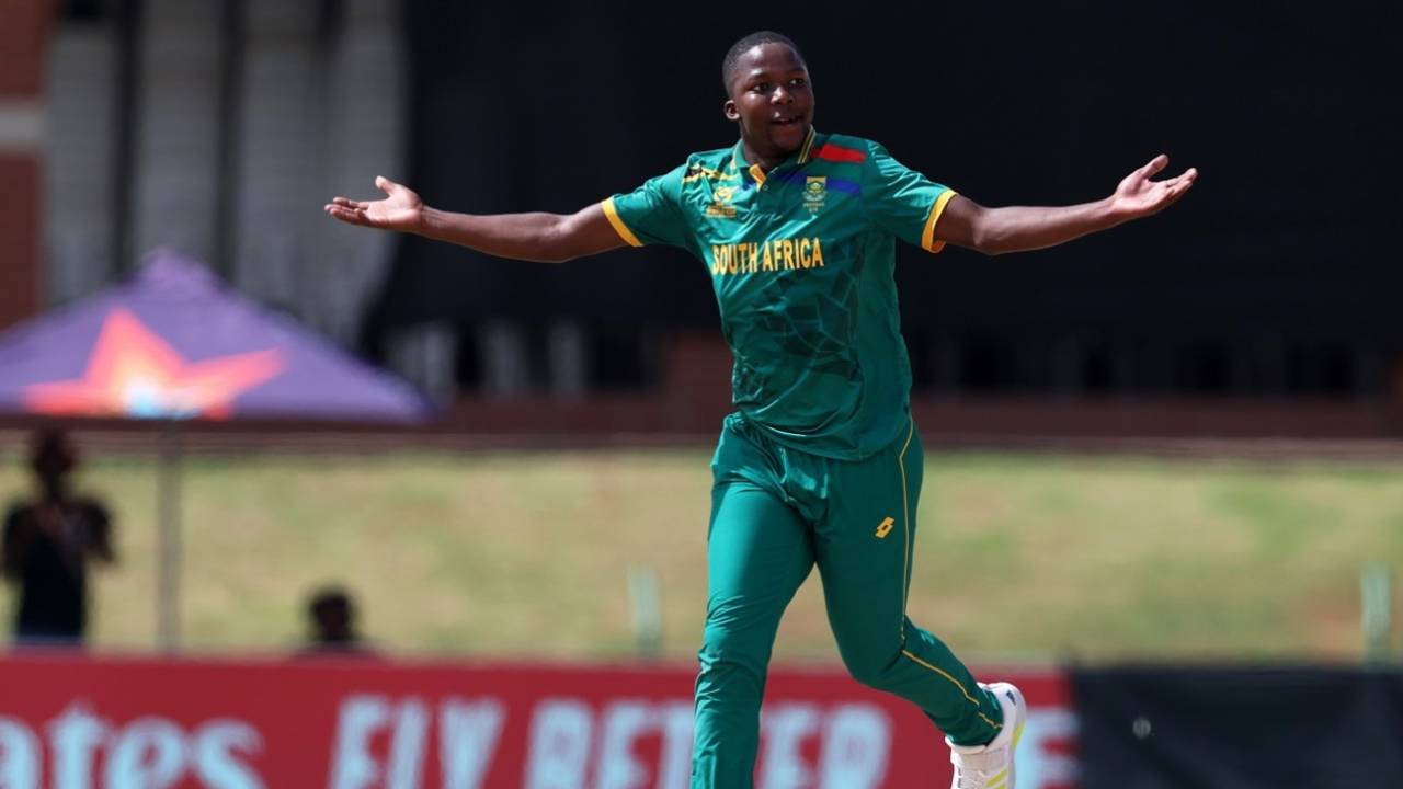 Kwena Maphaka wheels away in celebration, South Africa vs Sri Lanka, Under-19 World Cup Super Six, Potchefstroom, February 2, 2024