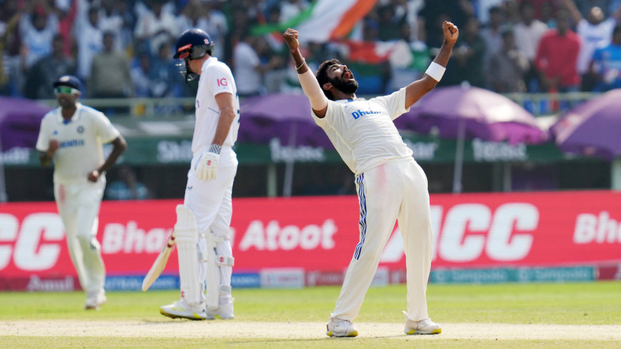 Jasprit Bumrah celebrates after taking the final wicket, India vs England, 2nd Test, Visakhapatnam, 4th day, February 5, 2024