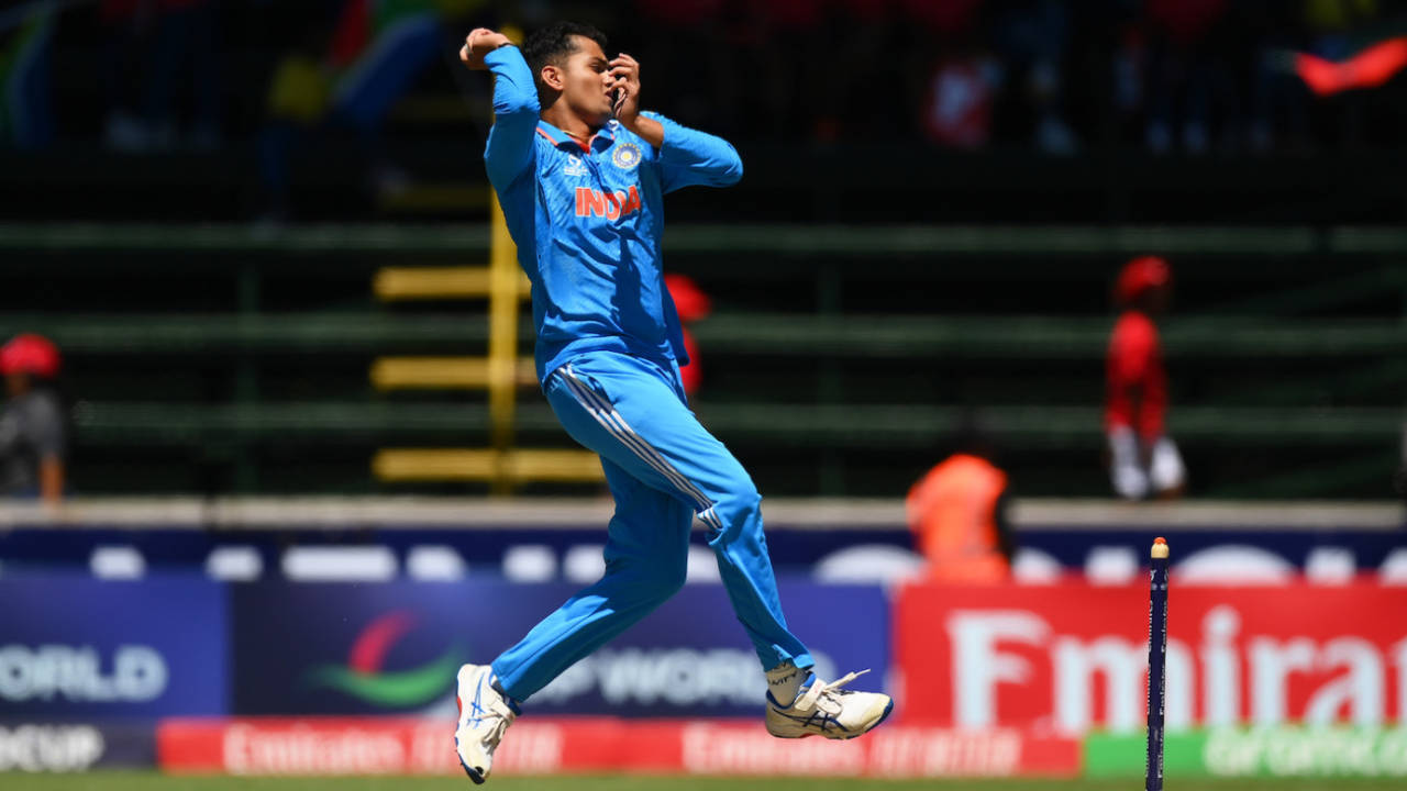 Arshin Kulkarni in delivery stride, South Africa vs India, 1st semi-final, Under-19 World Cup, Benoni, February 6, 2024