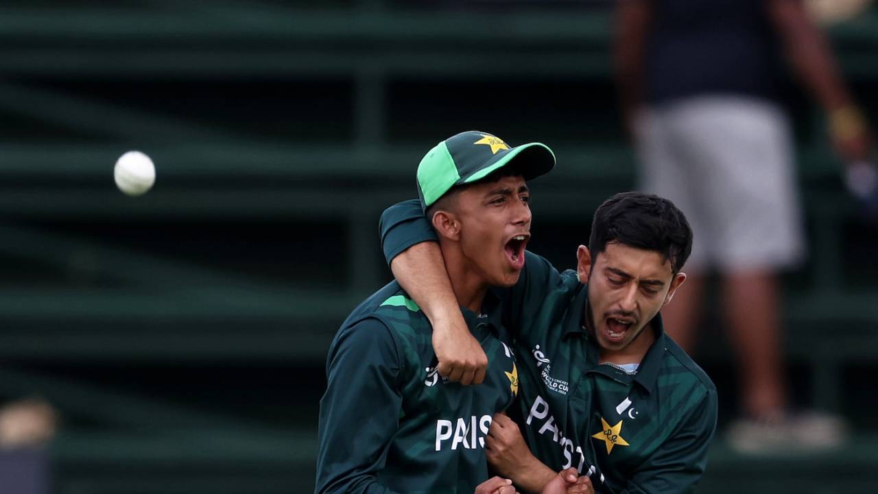 Haroon Arshad (L) celebrates with Azan Awais after taking the catch to dismiss Hugh Weibgen, Australia vs Pakistan, Under-19 World Cup 2024, 2nd semi-final, Benoni, February 8, 2024