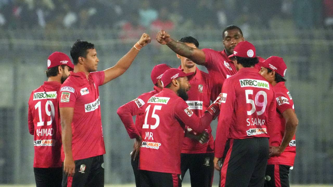 Mohammad Saifuddin and Obed McCoy celebrate a wicket with their team-mates, Durdanto Dhaka vs Fortune Barishal, BPL 2024, Dhaka, February 10, 2024
