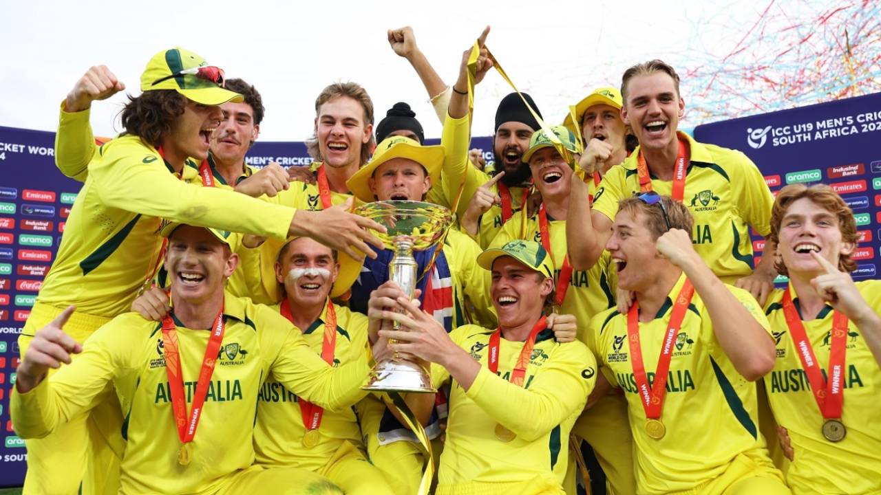 Australian players celebrate with the trophy, Australia vs India, final, Benoni, Under-19 World Cup, February 11, 2024