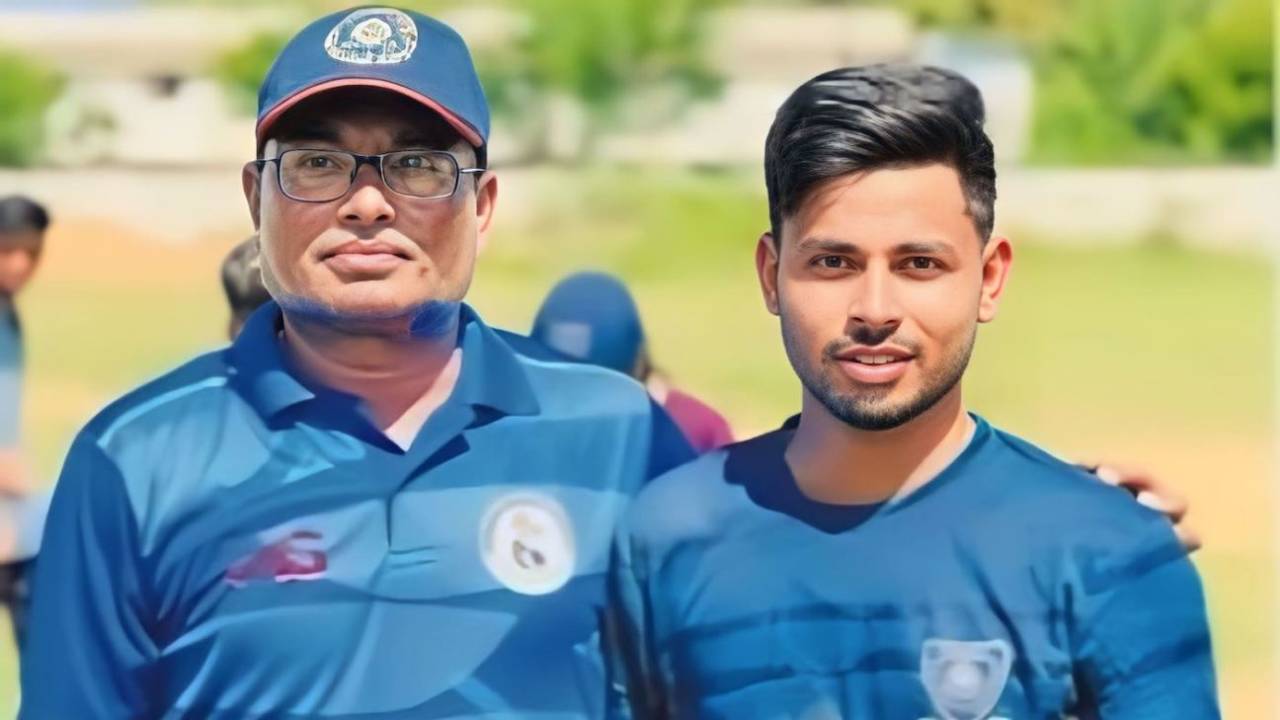 Saumy Pandey, who featured in India's Under 19 World Cup campaign in 2024, with his childhood coach Aril Antony, February 12, 2024