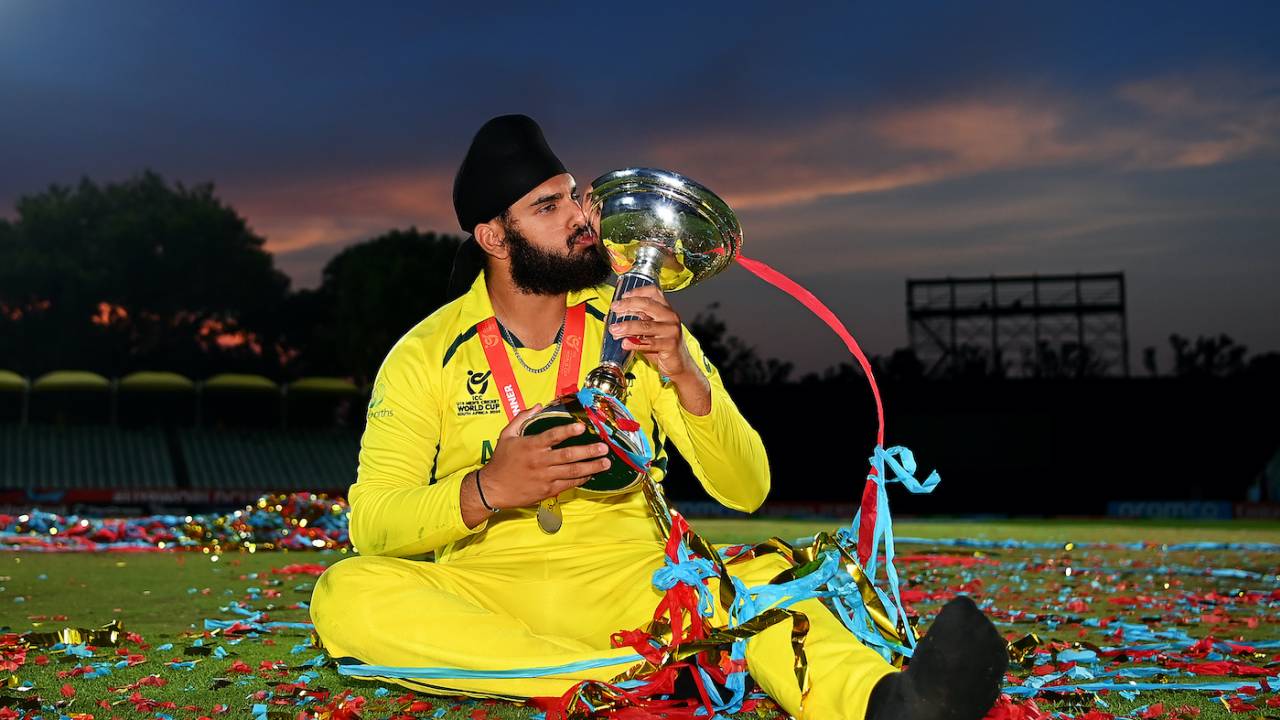 Harjas Singh kisses the Under 19 World Cup trophy, Australia vs India, final, Benoni, Under-19 World Cup, February 11, 2024