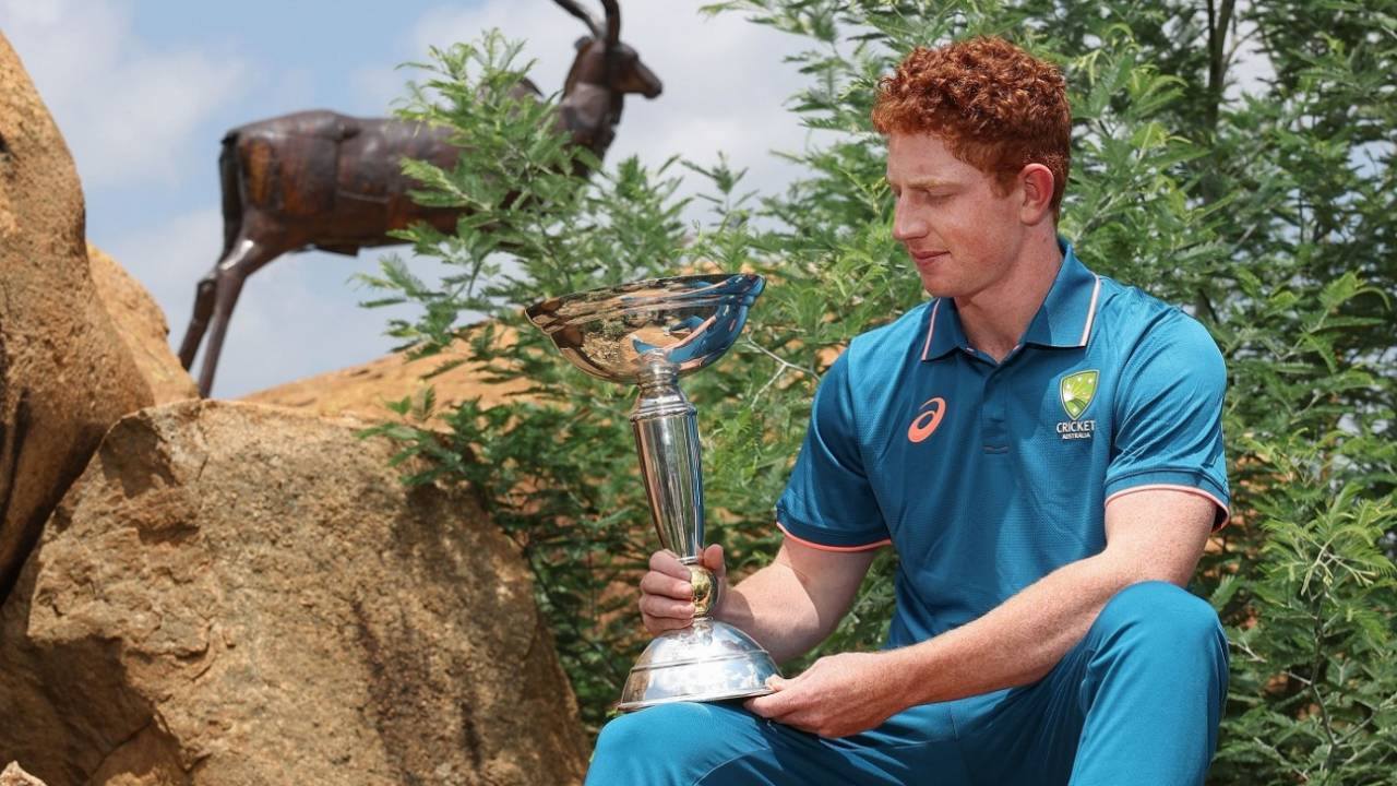 Australia Under-19 World Cup-winning captain Hugh Weibgen has a close look at his coveted prize, Johannesburg, February 12, 2024