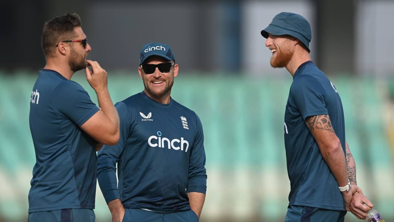 Ben Stokes, Brendon McCullum and selector Luke Wright in discussion, Rajkot, February 13, 2024