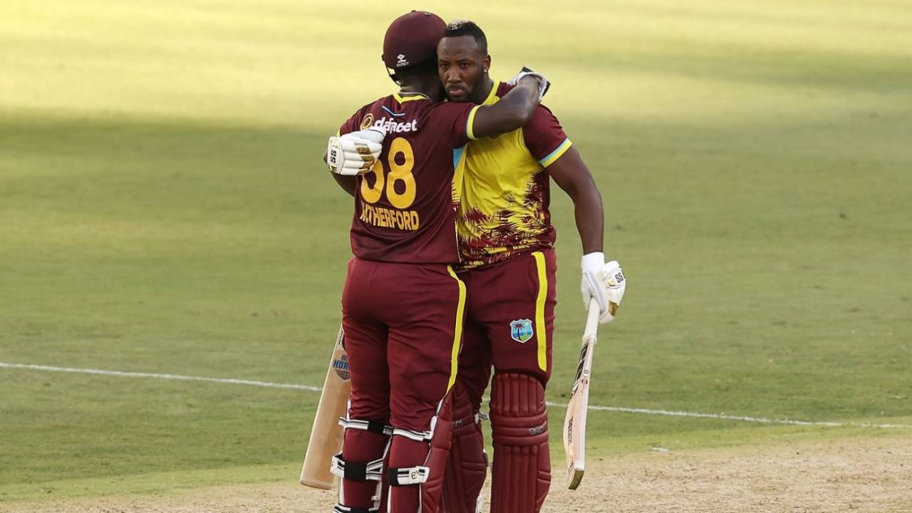 Andre Russell and Sherfane Rutherford shared a T20I record sixth-wicket stand of 139&nbsp;&nbsp;&bull;&nbsp;&nbsp;Getty Images and Cricket Australia
