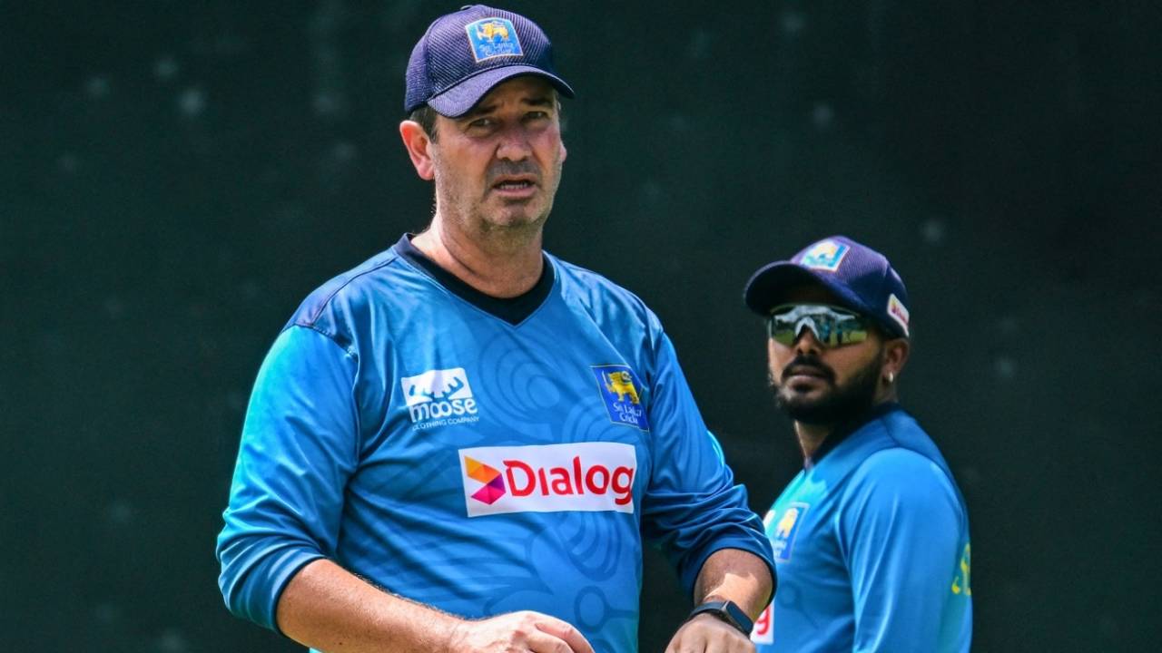 Sri Lanka's spin-bowling coach Craig Howard and Wanindu Hasaranga at a training session, Kandy, February 13, 2024
