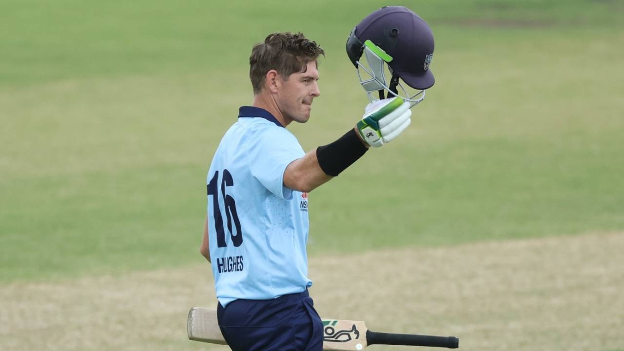 Daniel Hughes celebrates his 11th List A century, New South Wales vs Victoria, Marsh Cup, North Sydney Oval, February 14, 2024