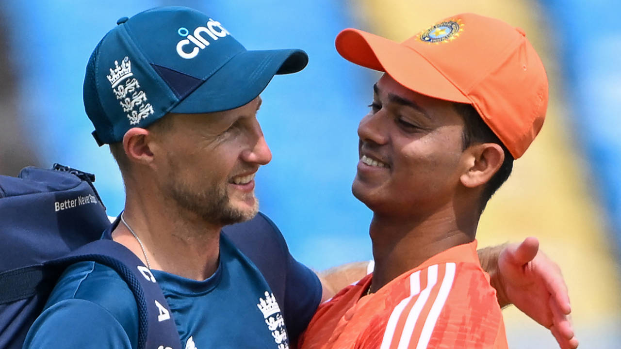 IPL mates Joe Root and Yashasvi Jaiswal greet each other&nbsp;&nbsp;&bull;&nbsp;&nbsp;AFP/Getty Images