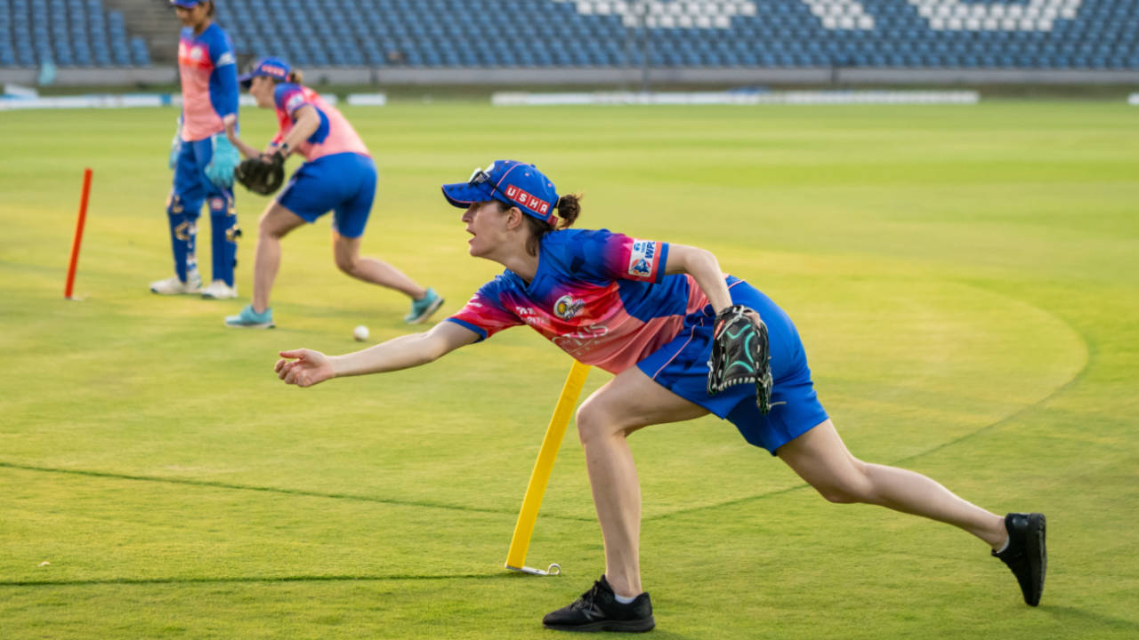 Mumbai Indians fielding coach Lydia Greenway in action at a training camp ahead of WPL 2024, Mumbai, February 14, 2024