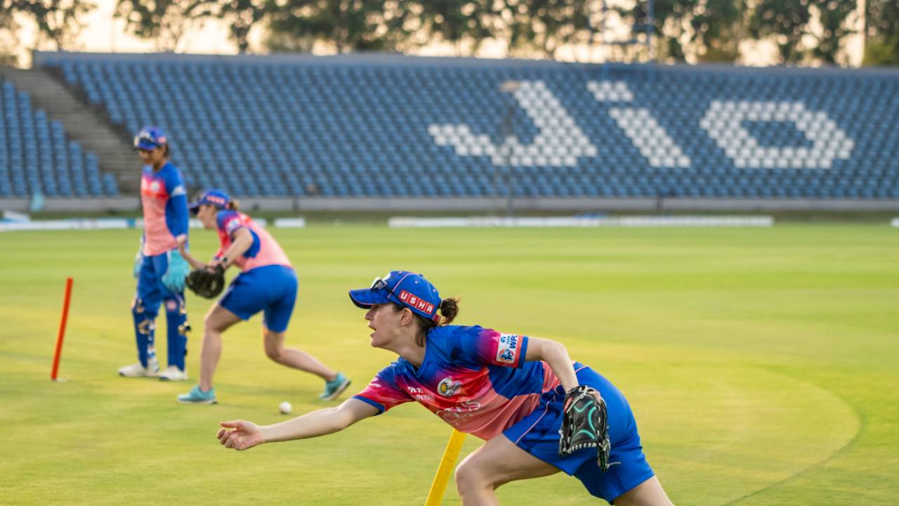 Mumbai Indians fielding coach Lydia Greenway in action at a training camp ahead of WPL 2024