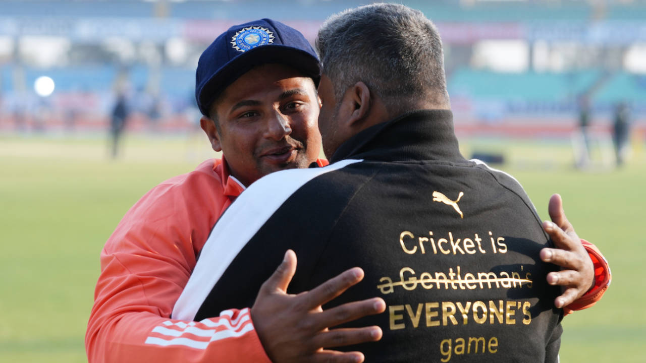 Debutant Sarfaraz Khan hugs his father after getting his Test cap, India vs England, 3rd Test, Rajkot, 1st day, February 15, 2024