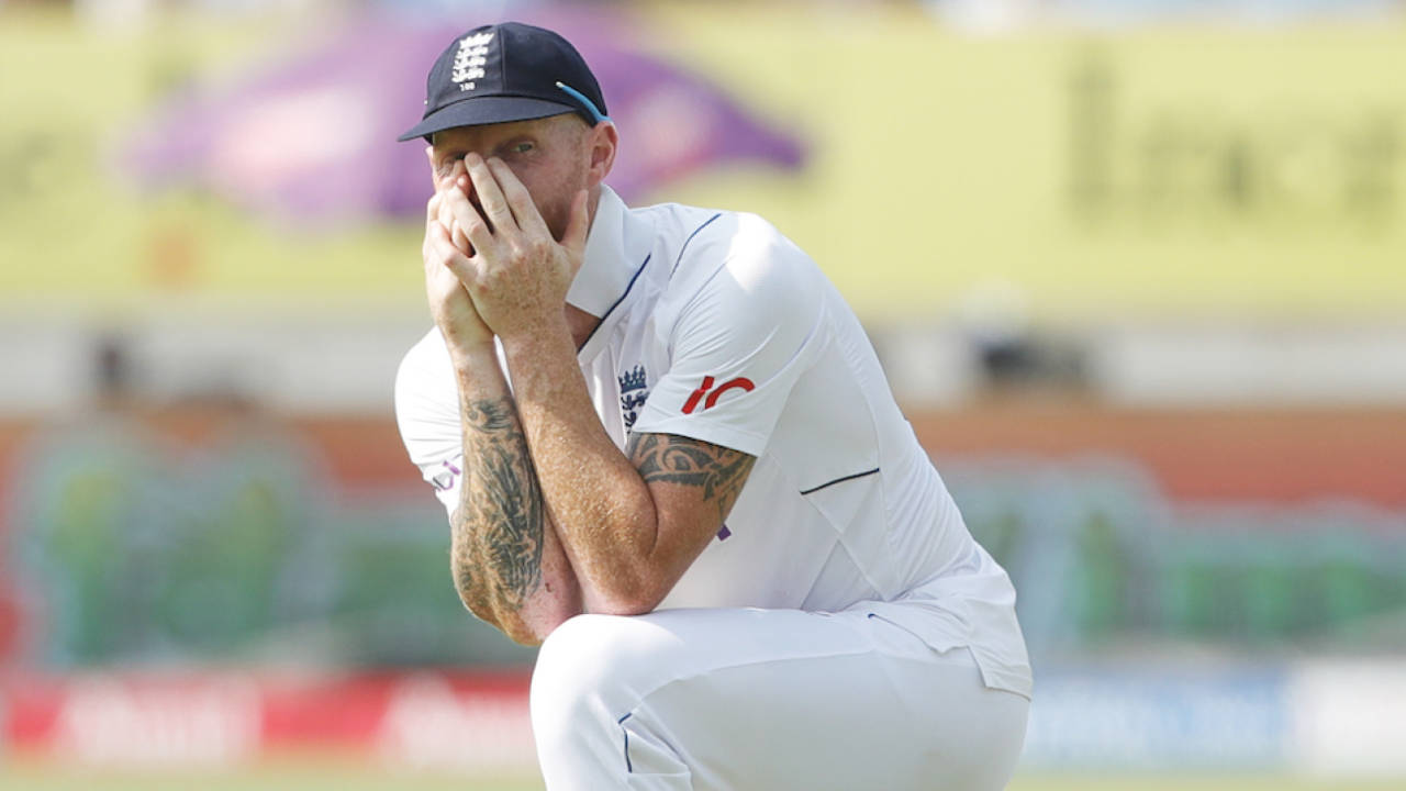Ben Stokes reacts to a close call in the field, India vs England, 3rd Test, Rajkot, 2nd day, February 16, 2024
