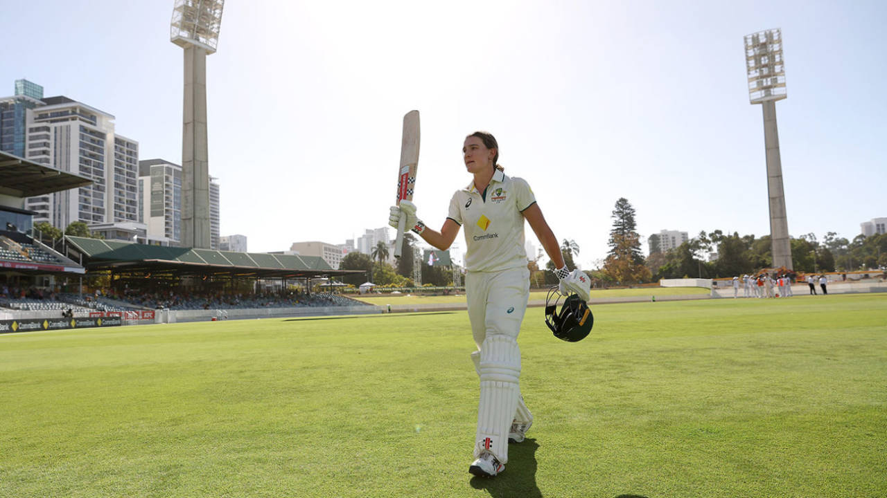 Annabel Sutherland walks off after being dismissed for 210, Australia vs South Africa, Women's Test, WACA Ground, Perth, February 16, 2024