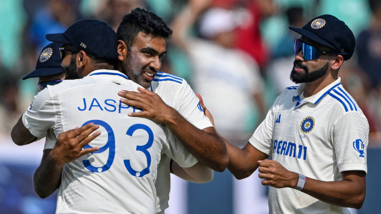 Jasprit Bumrah hugs R Ashwin after his 500th wicket&nbsp;&nbsp;&bull;&nbsp;&nbsp;AFP via Getty Images
