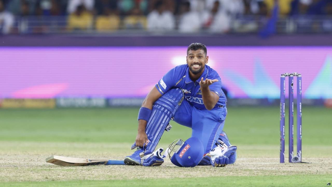 Nicholas Pooran's blazing half-century took MI Emirates to the first 200-plus total of the season, MI Emirates vs Dubai Capitals, final, Dubai, ILT20, February 17, 2024